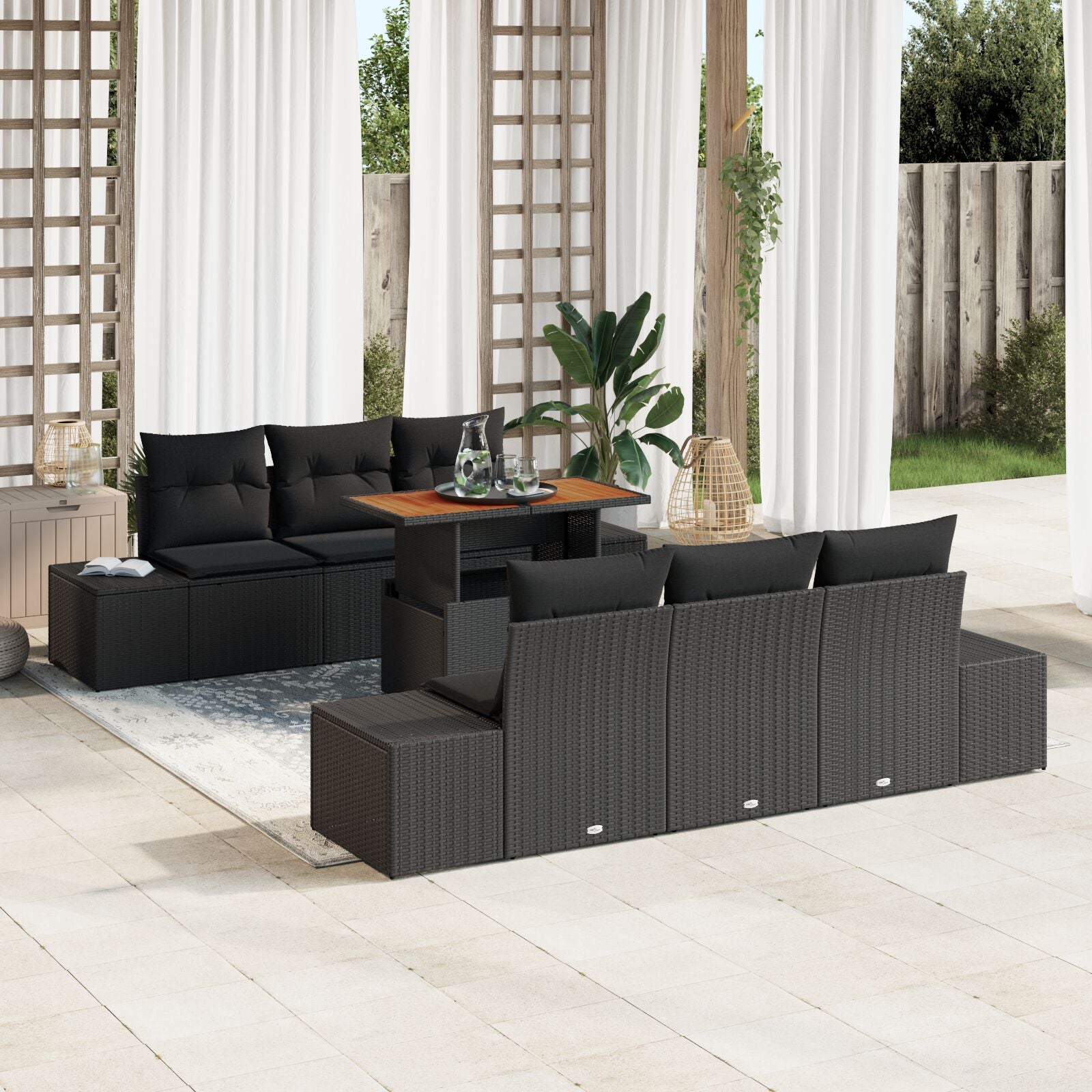 Tuin Sofa Set 7-Delig Zwart Rattan Buiten Tafel Rechthoekig