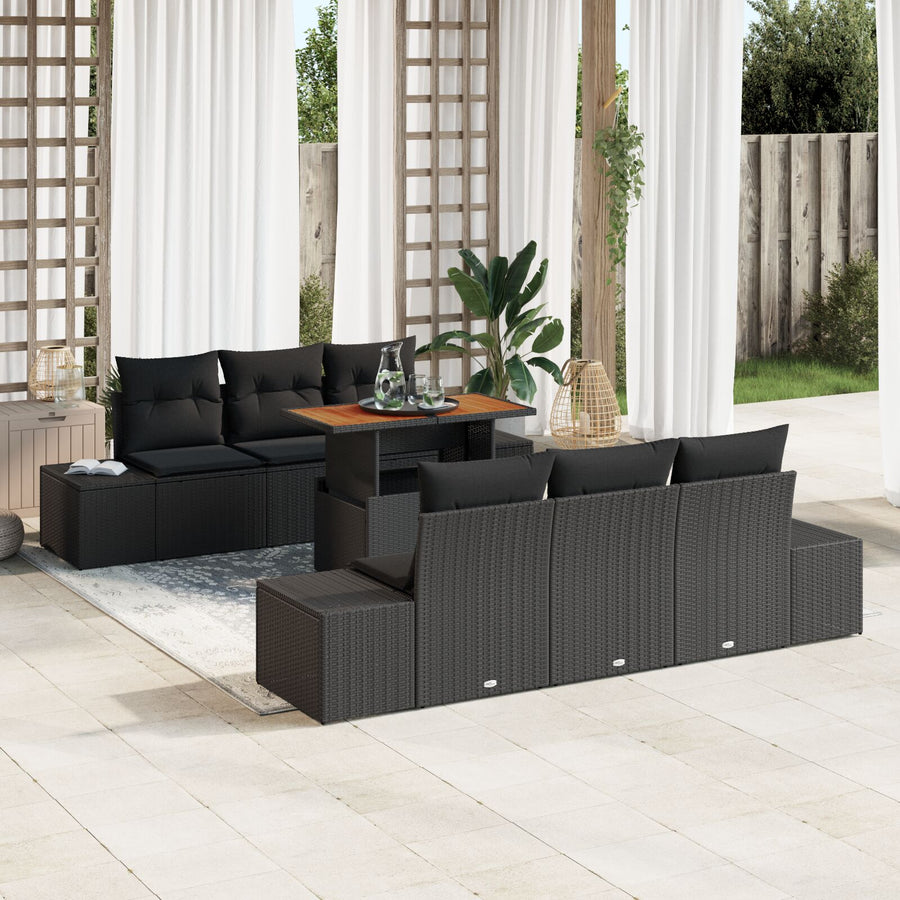 Tuin Sofa Set 7-Delig Zwart Rattan Buiten Tafel Rechthoekig