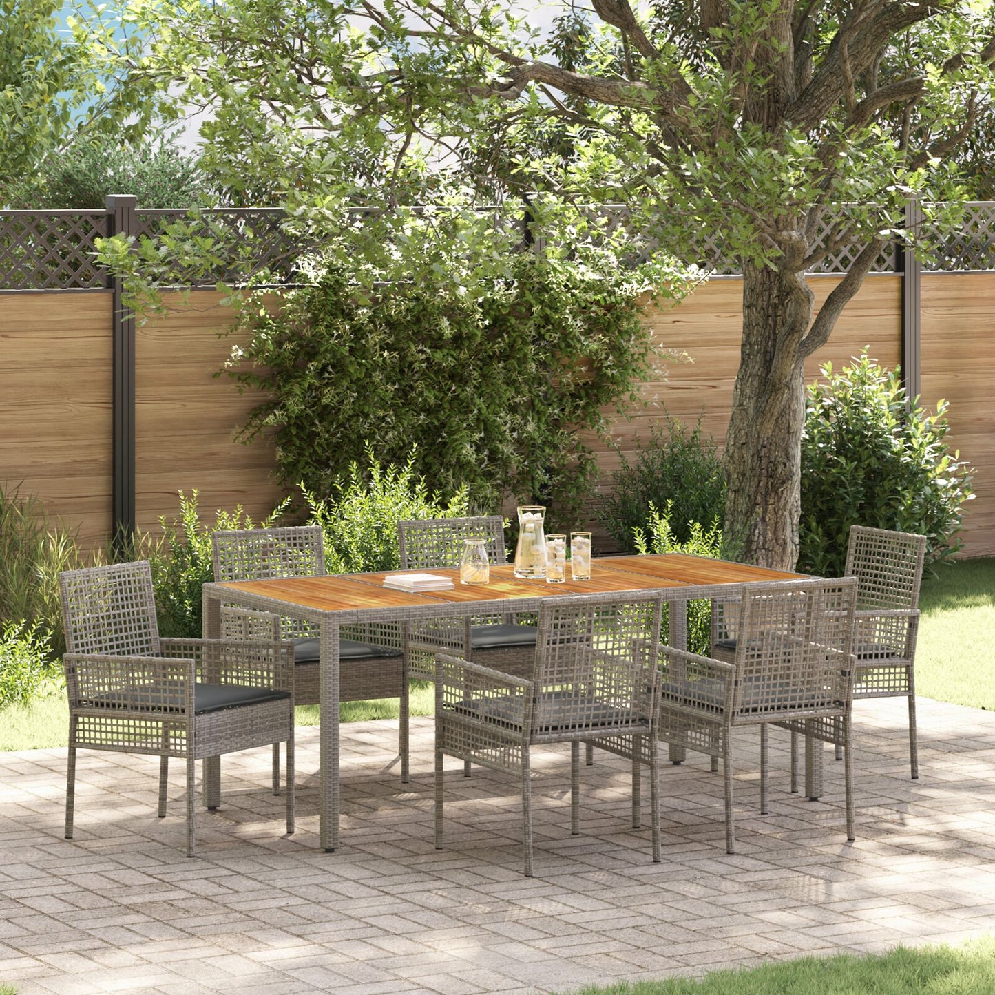 7-Delige Tuin Eettafelset Met Kussens Grijs Poly Rattan
