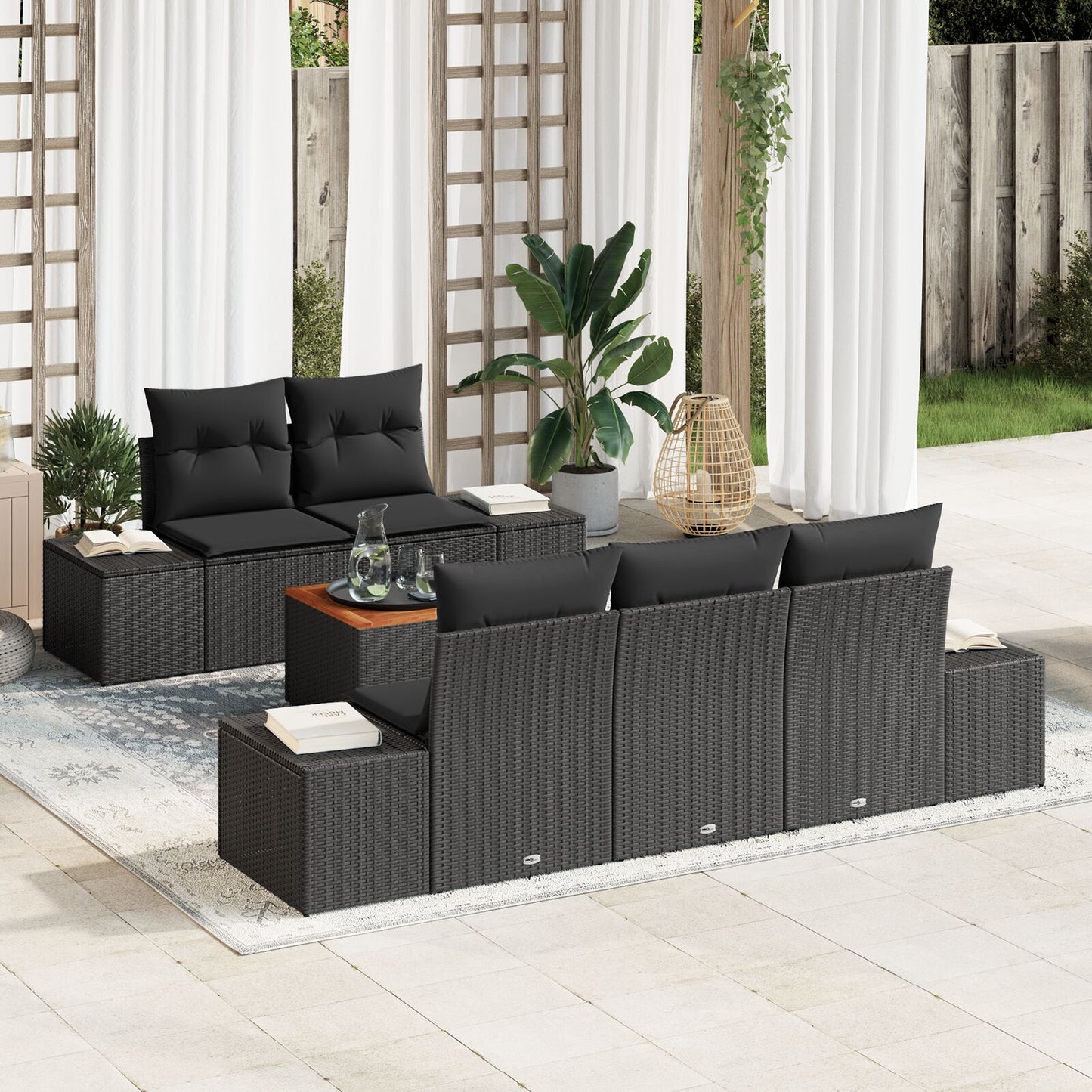 6-Delige Tuinsofa Set Met Kussens Zwart Poly Rattan Acacia