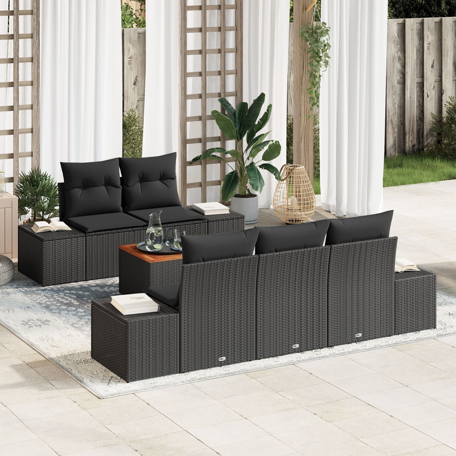 6-Delige Tuinsofa Set Met Kussens Zwart Poly Rattan Acacia