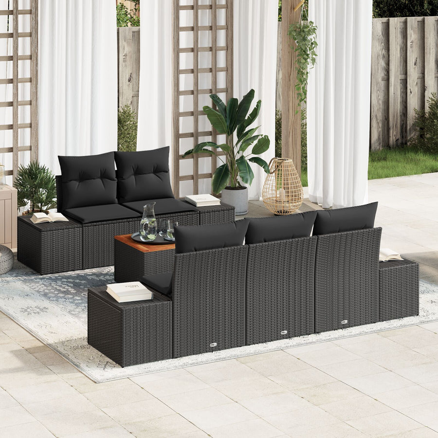 6-Delige Tuinsofa Set Met Kussens Zwart Poly Rattan Acacia