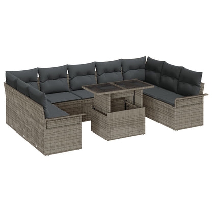 10-Delige Tuinbankset Met Kussens Grijs Poly Rattan