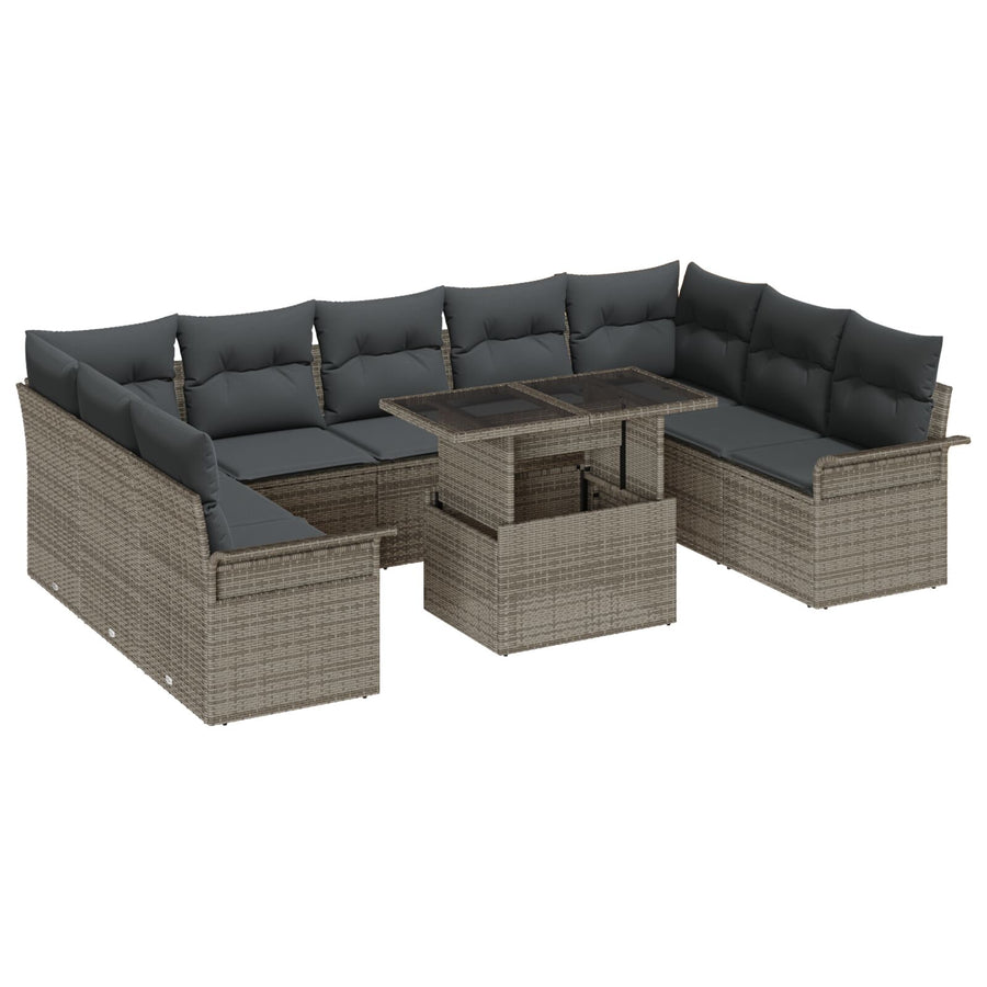 10-Delige Tuinbankset Met Kussens Grijs Poly Rattan