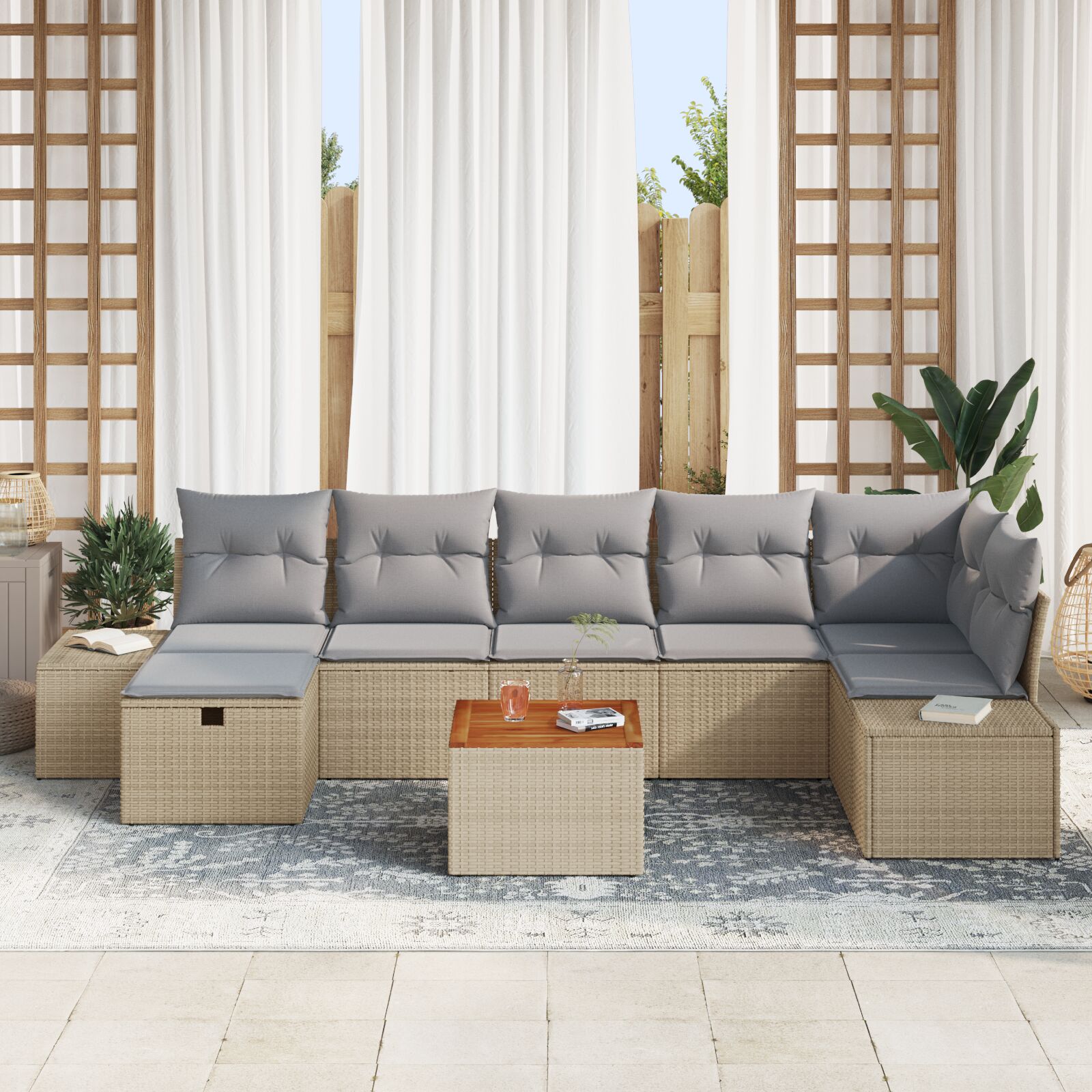 8-Delige Tuinbankset Met Kussens Beige Poly Rattan