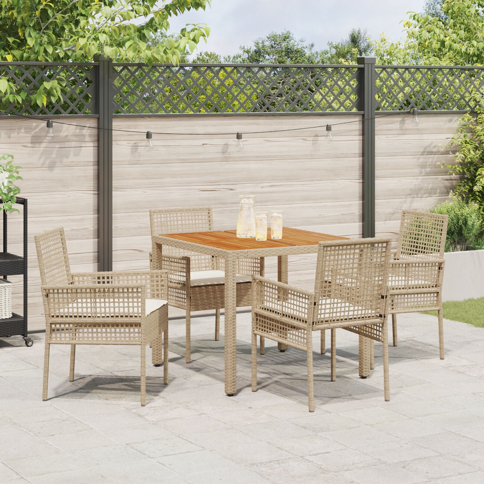 5 Delige Tuin Eetset Met Kussens Beige Poly Riet