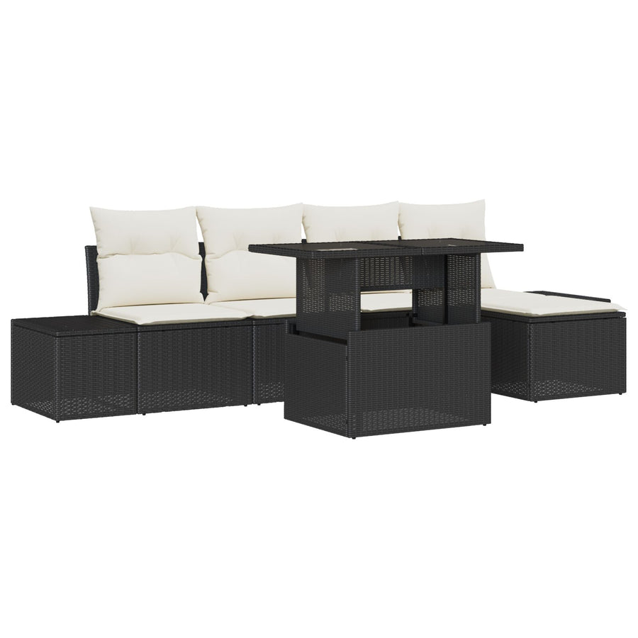 6-Delige Tuinbankset Met Kussens Zwart Poly Rattan