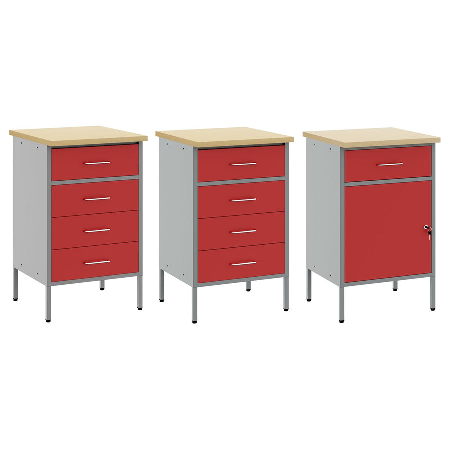 3-Delige Werkcabinet Set En Grijs Van Geëngineerd Hout En Staal 3x (84/85/85 cm) Rood 3x cabinet