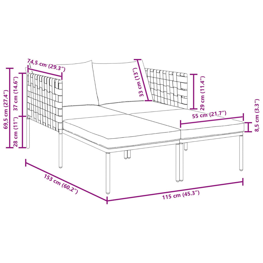 Ligbed Met Kussens 2-Persoons Antraciet 115X153X69,5 Cm Staal Crème wit