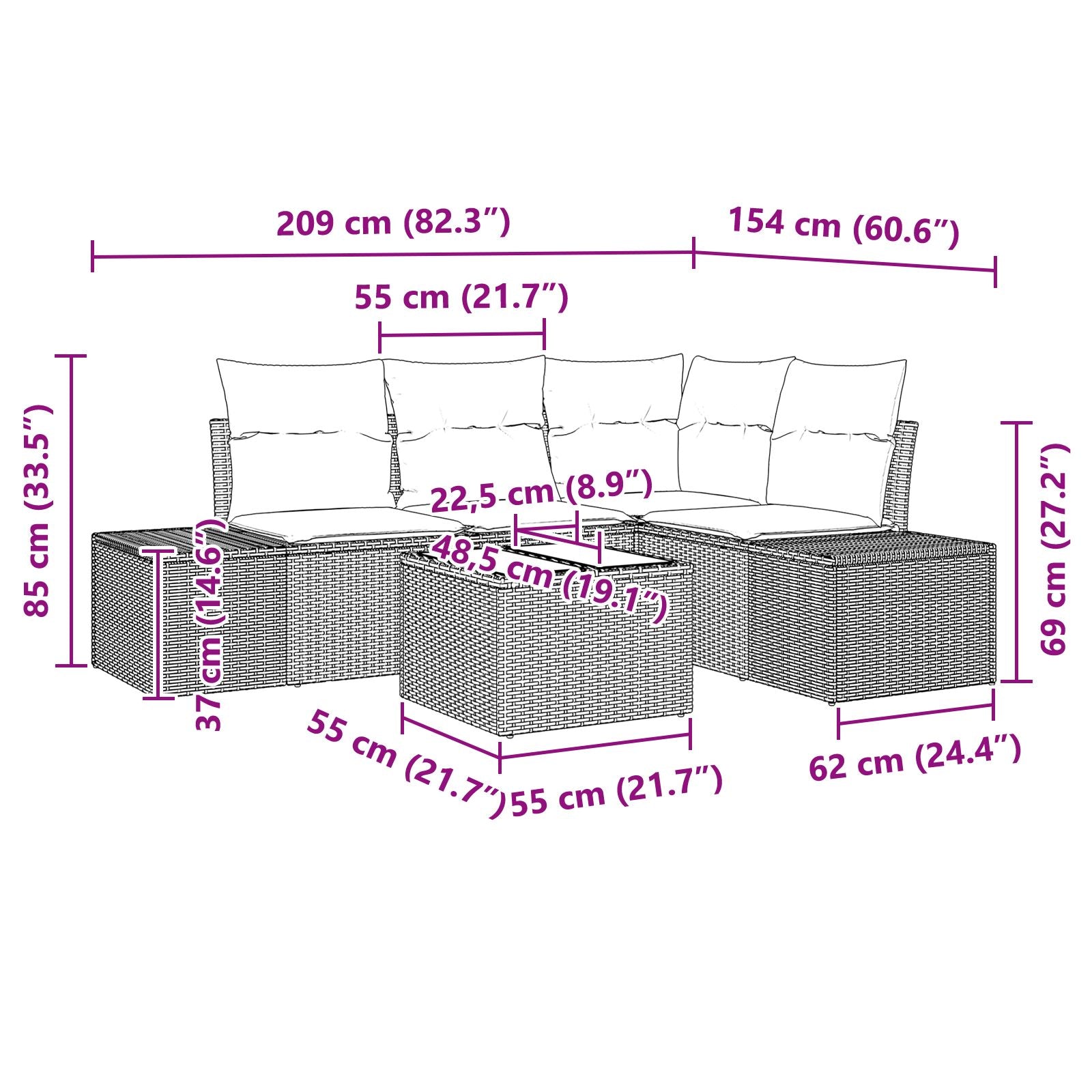 4 Delige Tuin Sofa Set Met Kussens Bruin Poly Rattan Zwart en Crème met tafel
