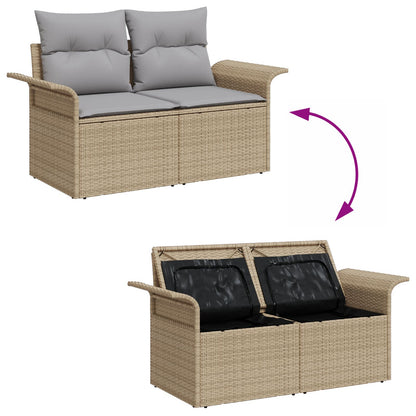 9-Delige Tuin Sofa Set Met Kussens Beige Poly Rattan, 2-Zits Tuin Sofa Met Opslag & Kussens Beige Poly Rattan Gegalvaniseerd Staal