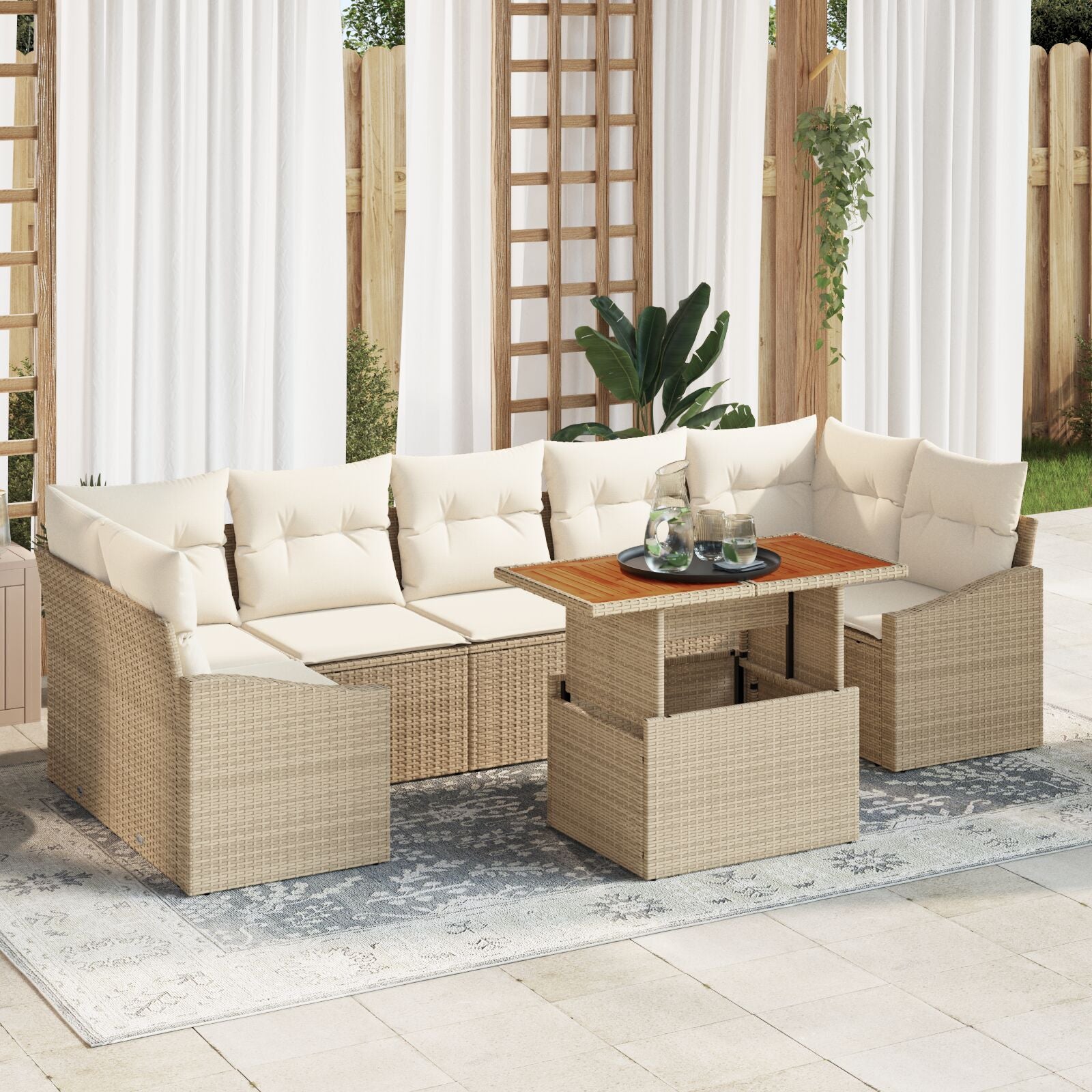8-Delige Tuin Eetset Met Kussens Beige Poly Rattan Acacia