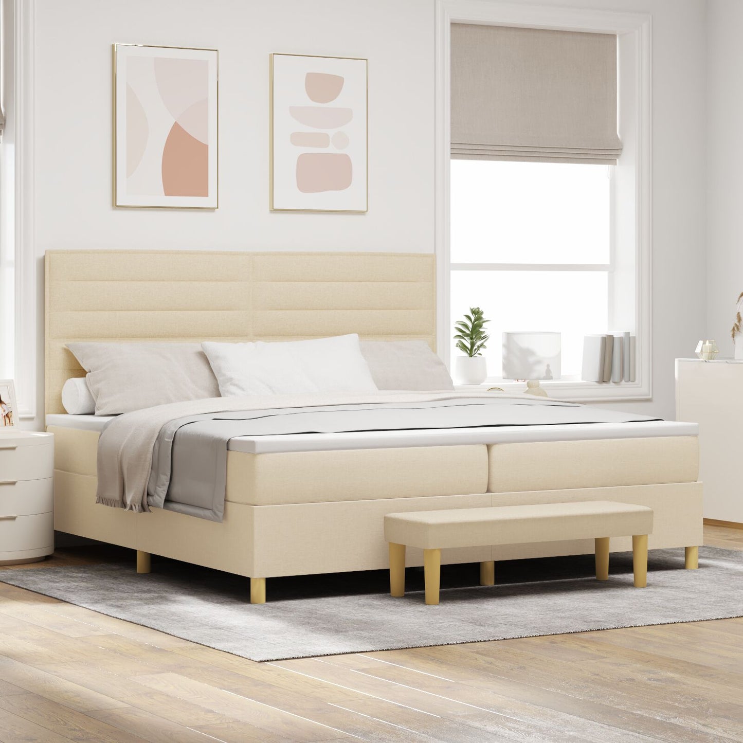 Boxspringbed Met Matras & Bank Stof Crème 200 x 200 cm Lijnen ontwerp