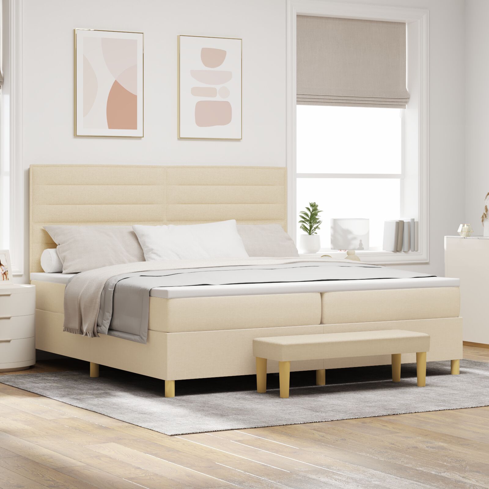 Boxspringbed Met Matras & Bank Stof Crème 200 x 200 cm Lijnen ontwerp