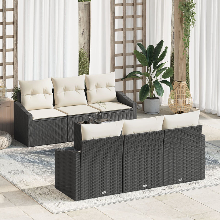 7-Delige Tuin Sofa Set Met Kussens Zwart Poly Rattan