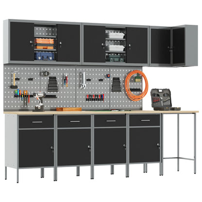 12-Delige Werkplaatskast En Pegboard Set Mdf En Metaal 4x (84 cm) Zwart Tafel + 7x kast + 6x pegboard