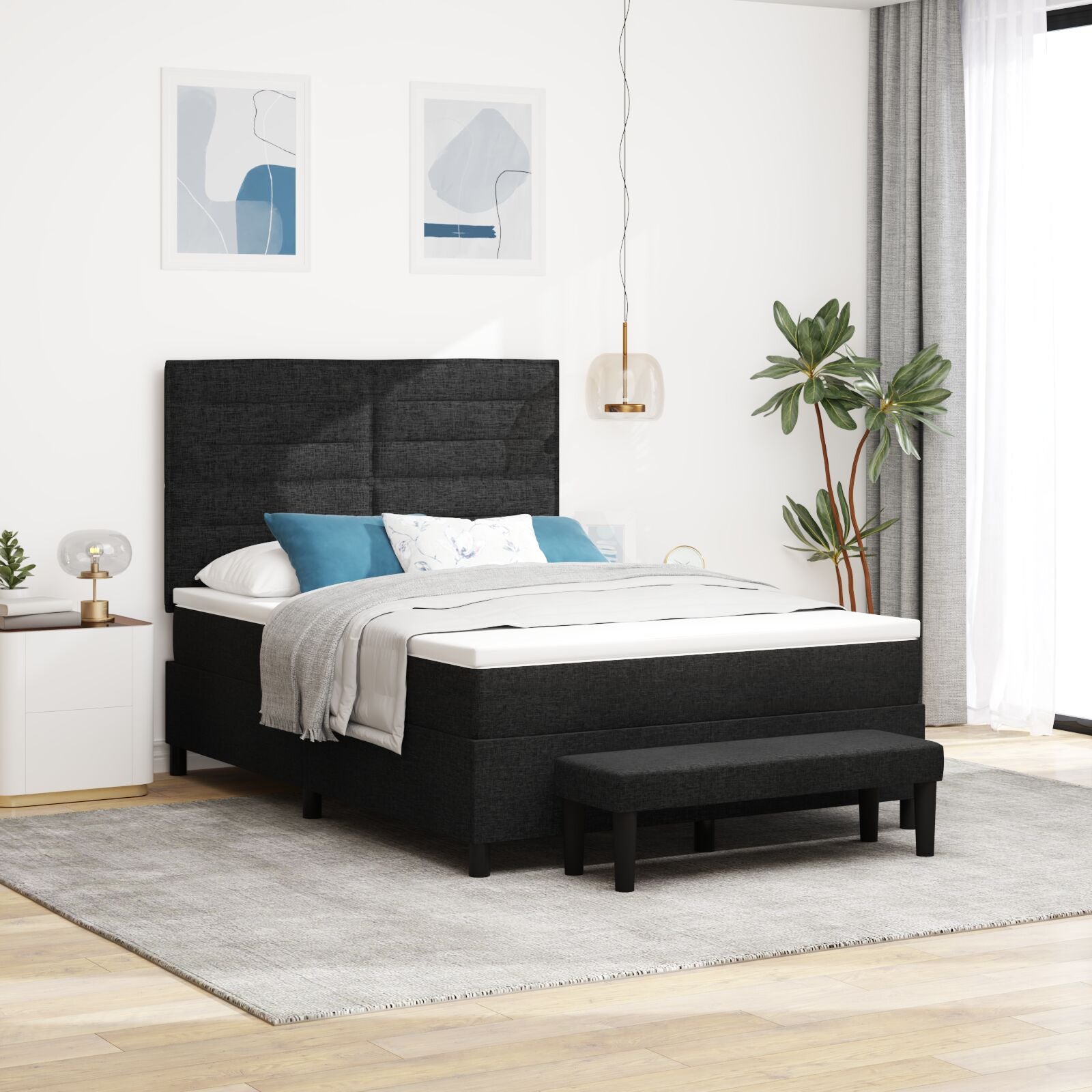 Boxspringbed Met Matras En Bank Stof Zwart 140 x 190 cm Lijnen ontwerp