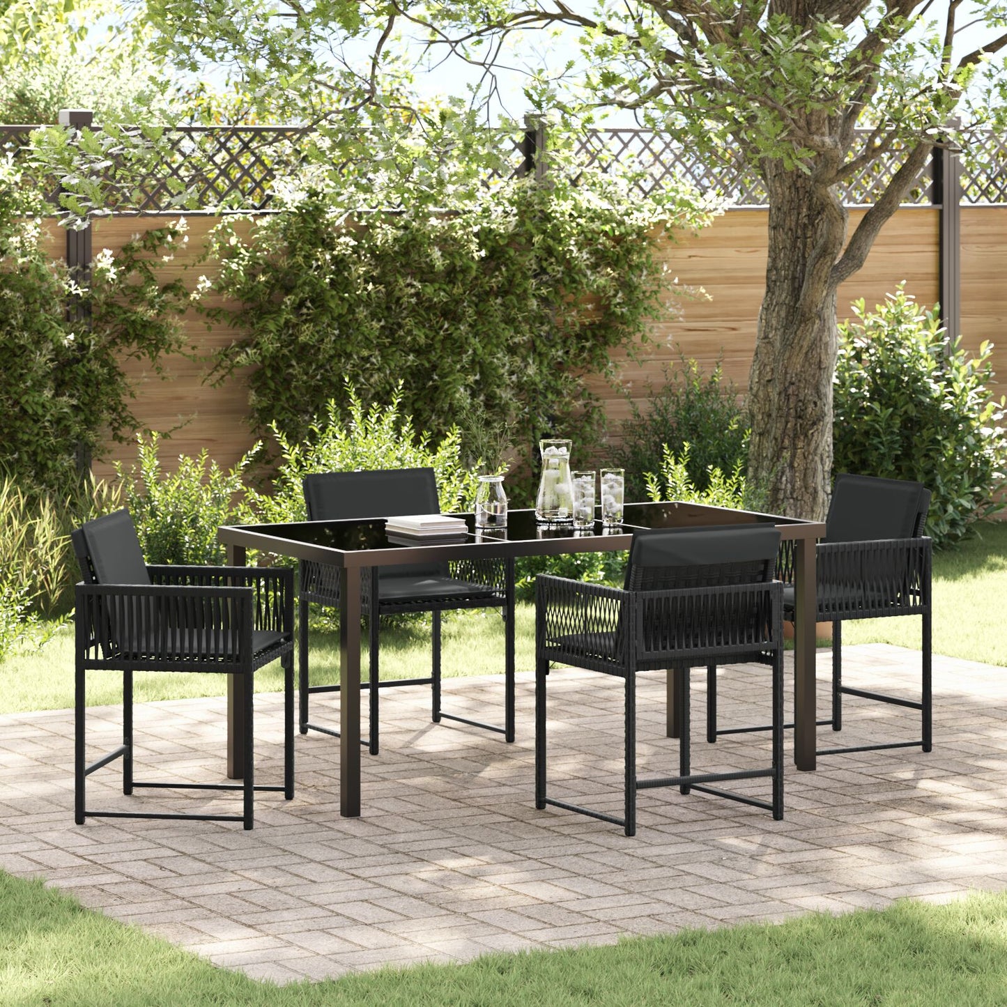 5-Delige Tuin Eetset Met Kussens Zwart Poly Rattan