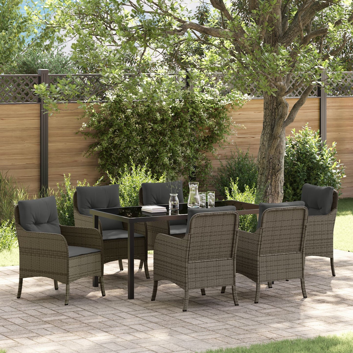 7-Delige Tuin Dining Set Met Kussens Grijs Poly Rattan