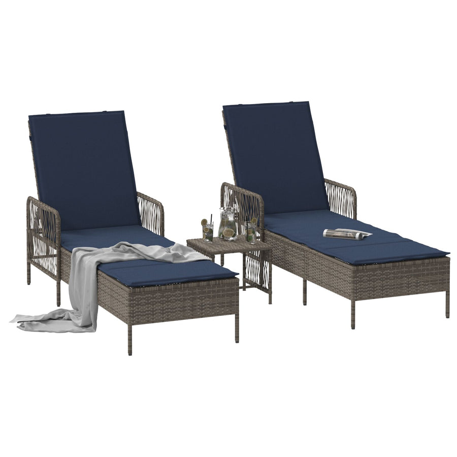 Zonnebank Set Van 3 Grijs En Marineblauw Pe Riet, Metaal Vouwbaar
