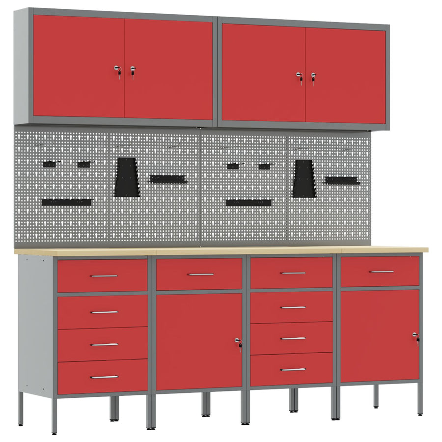 10-Delige Werkcabinet En Pegboard Set Mdf En Metaal 4x (2x84/2x85 cm) Rood 4x kast + 4x gereedschapspaneel + 2x gereedschap kast