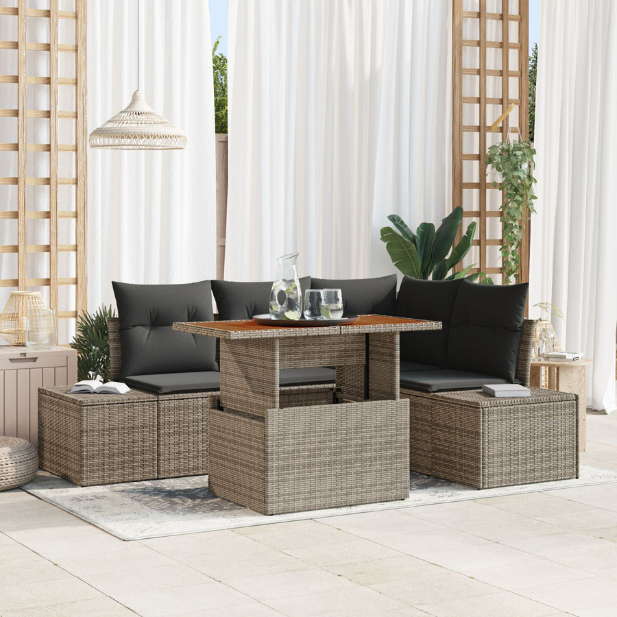 5-Delige Tuin Sofaset Met Kussens Grijs Poly Rattan