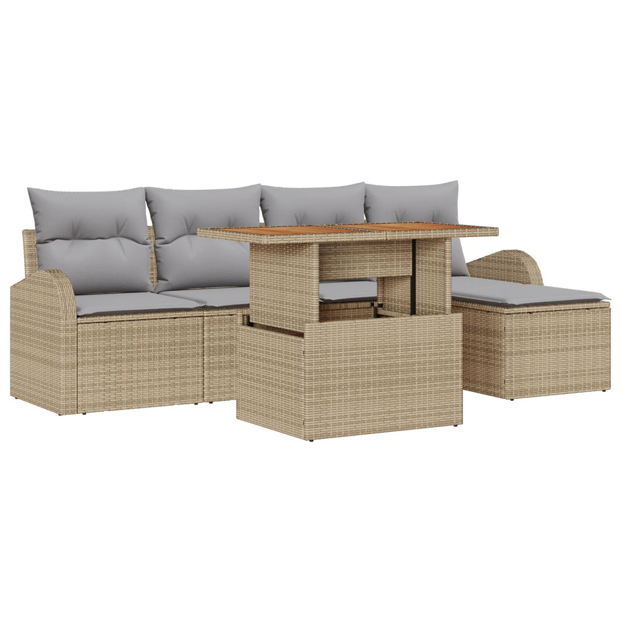 6-Delige Tuin Eettafel Set Met Kussens Beige Poly Rattan Acacia