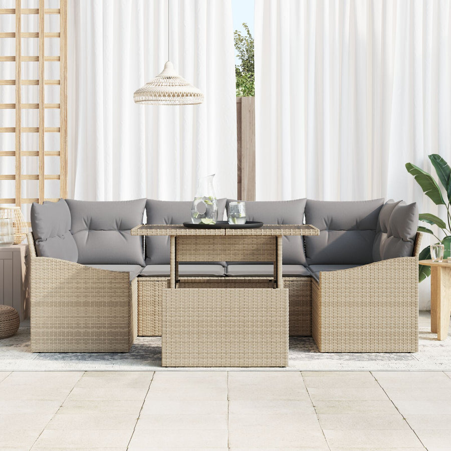 7 Stuk Tuin Sofa Set Met Kussens Beige Poly Riet