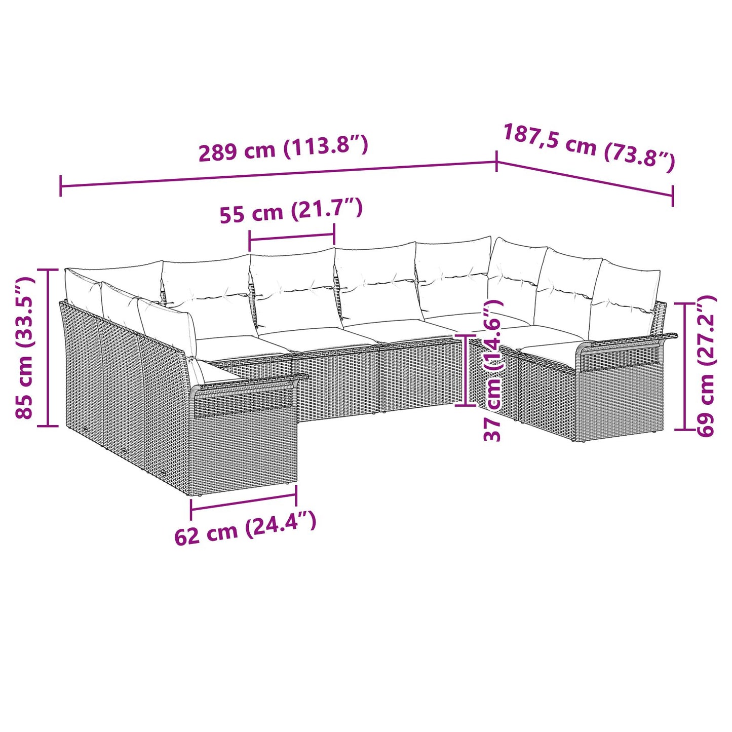 9-Delige Tuinbankset Met Kussens Poly Rattan Zwart en crème. zonder tafel