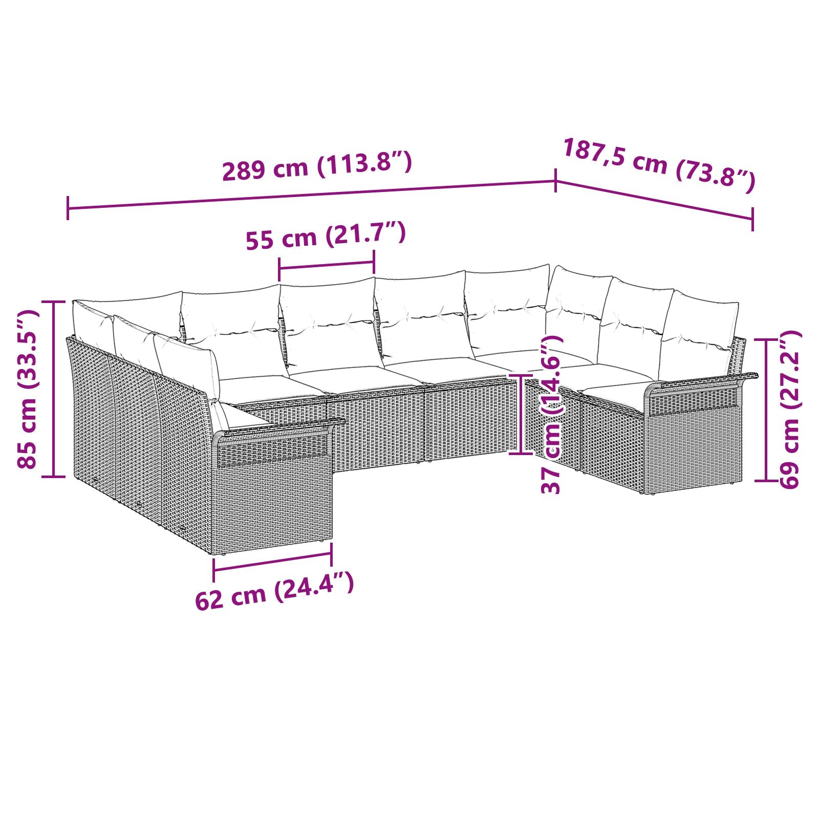 9-Delige Tuinbankset Met Kussens Poly Rattan Zwart en crème. zonder tafel