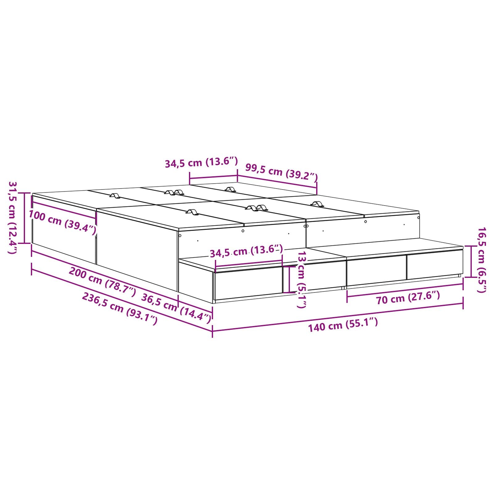 Opbergbedframe Grijs Sonoma Bewerkt Hout 236.5 X 140 X 31.5 Cm Artisanaal Eiken