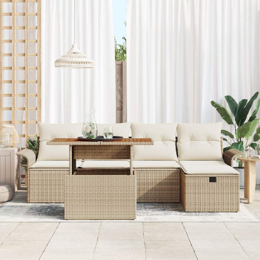 6-Delige Tuinbankset Met Kussens Beige Poly Rattan