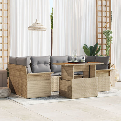 7-Delige Tuinbankset Met Kussens Beige Poly Riet Acacia