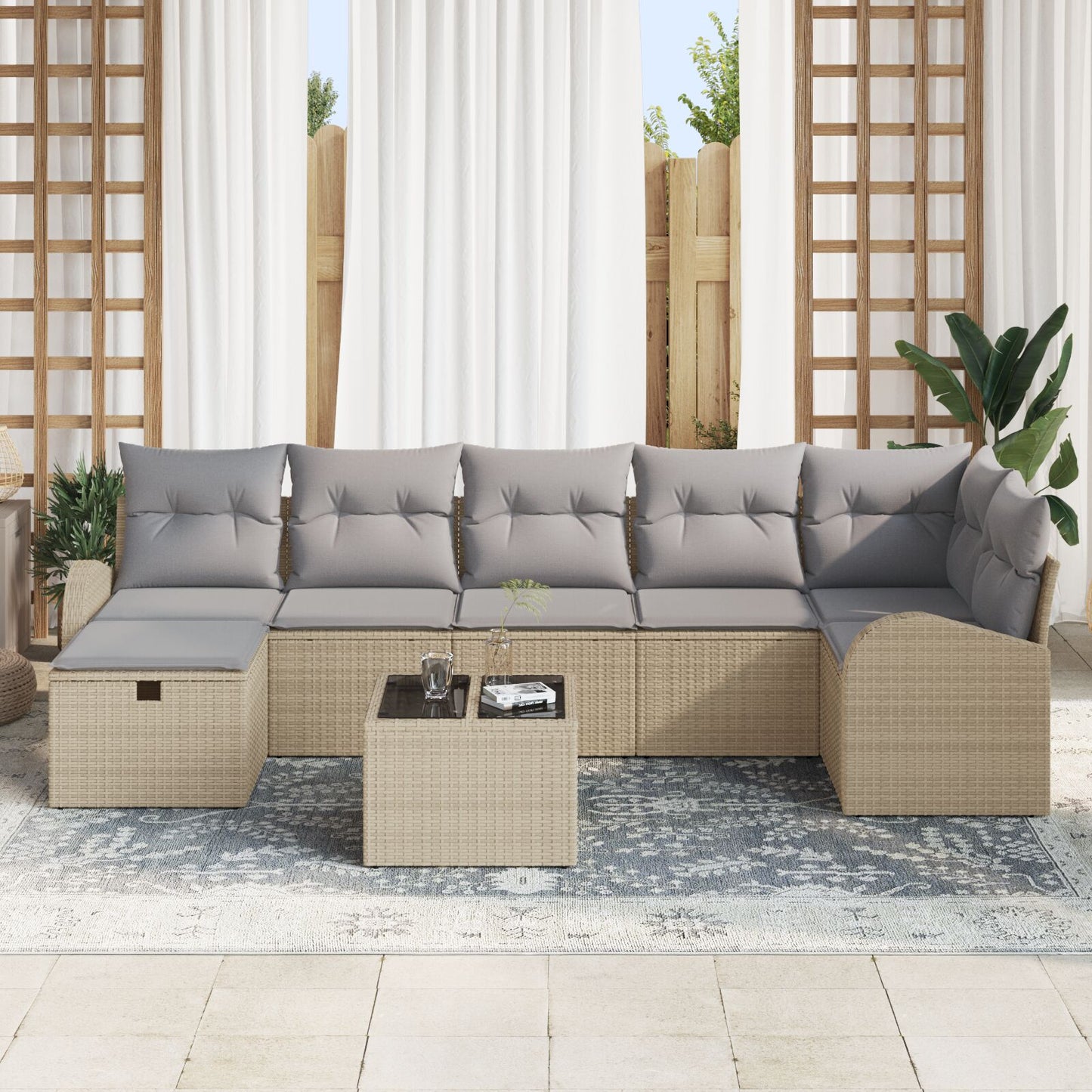 8-Delige Tuinbank Set Met Kussens Beige Poly Riet