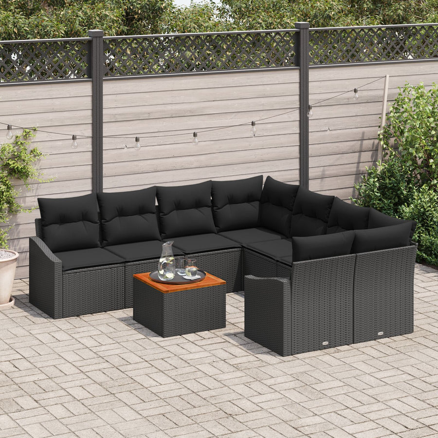 9-Delige Tuinsofa Set Met Kussens Zwart Poly Riet Acacia