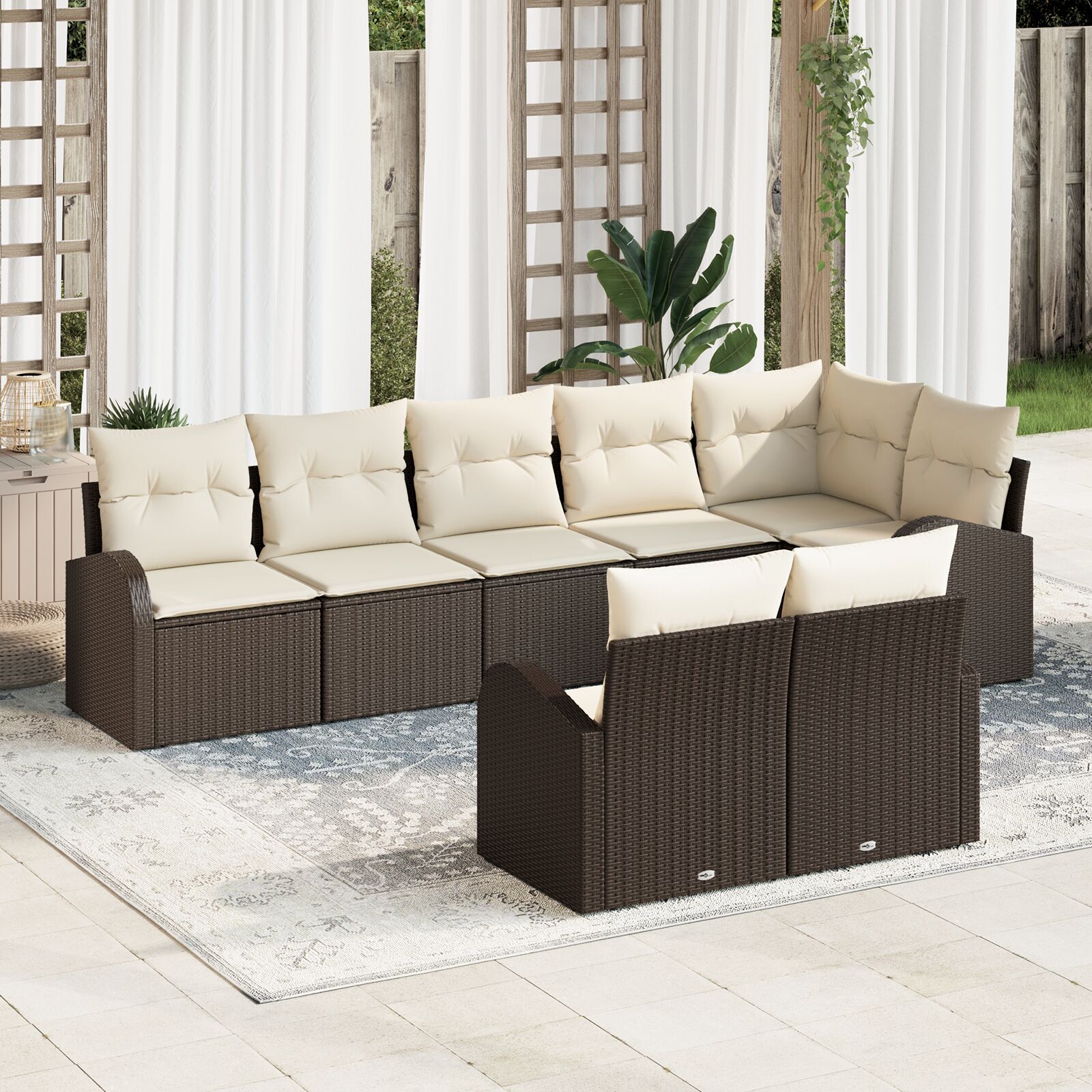 8-Delig Tuinsofa Set Met Kussens Poly Rattan Bruin en crème zonder tafel
