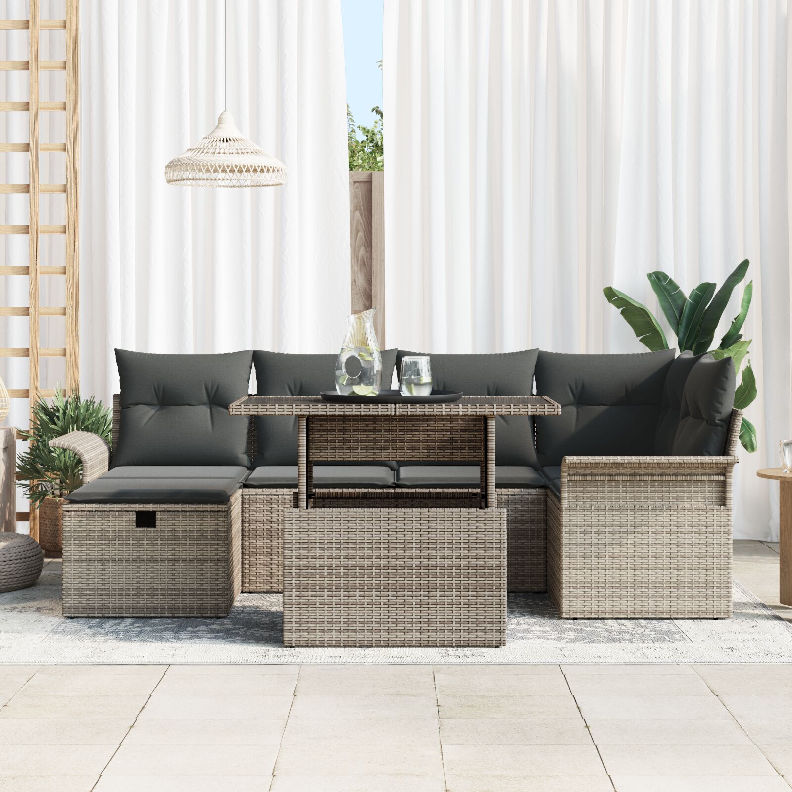 7-Delige Tuinsofa Set Met Kussens Grijs Poly Rattan