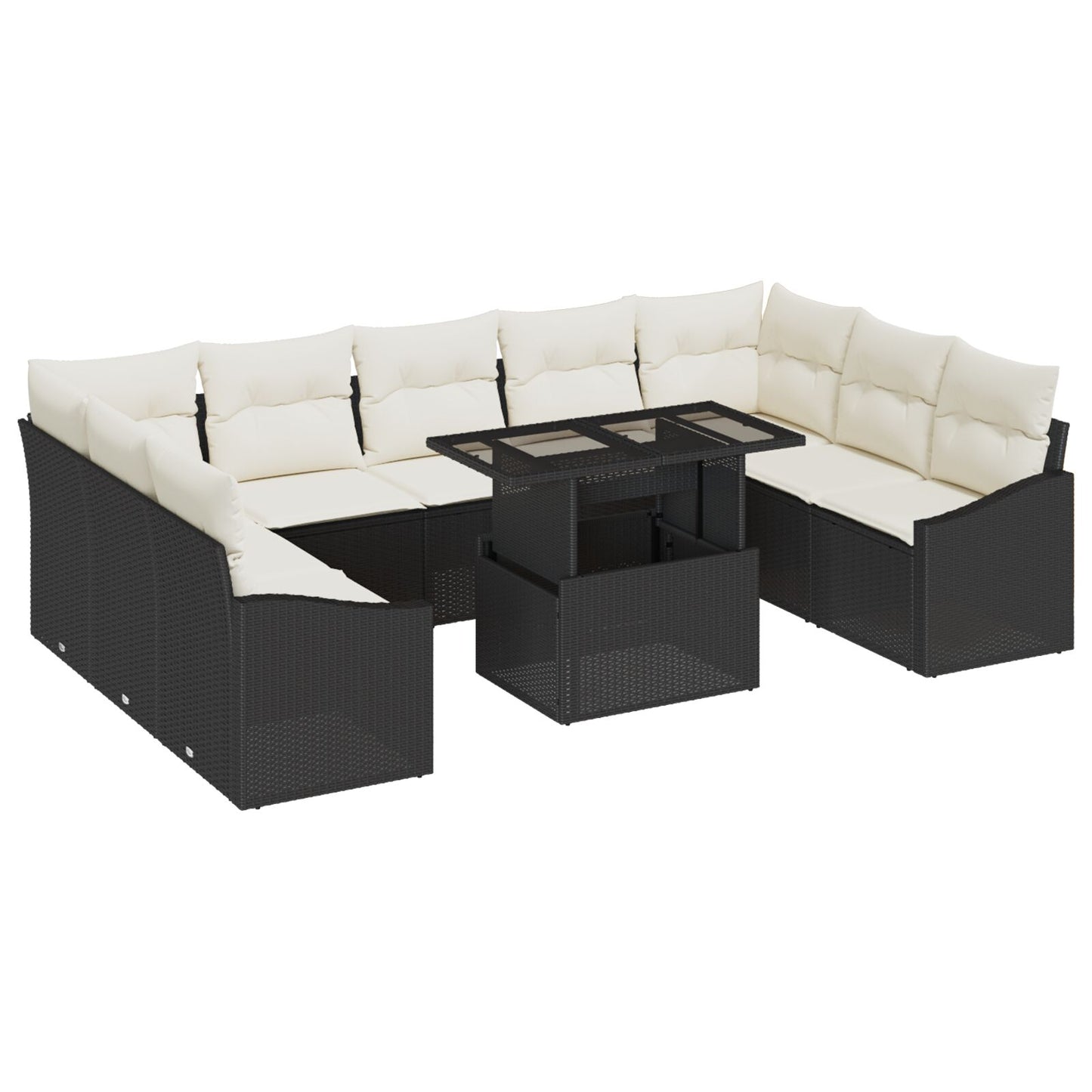 10-Delige Tuinbank Set Met Kussens Zwart Poly Rattan