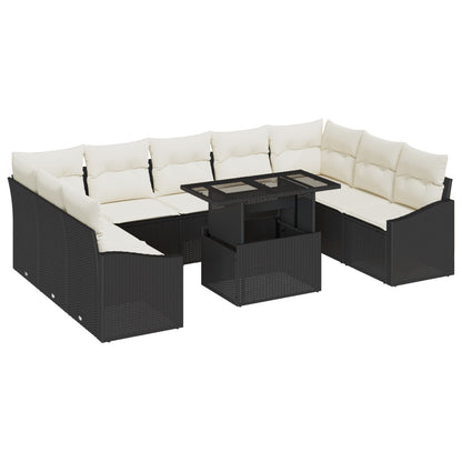 10-Delige Tuinbank Set Met Kussens Zwart Poly Rattan