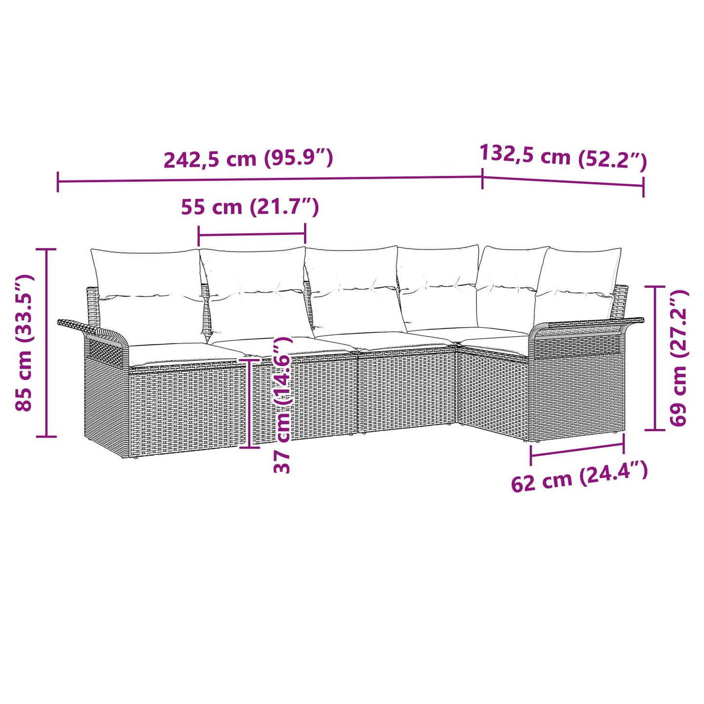 5-Delige Tuin Sofa Set Met Kussens Zwart Poly Rattan