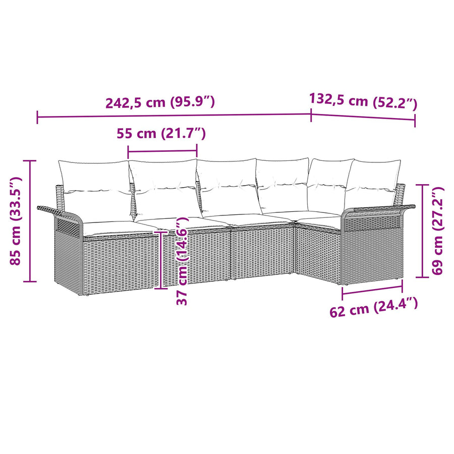 5-Delige Tuin Sofa Set Met Kussens Zwart Poly Rattan