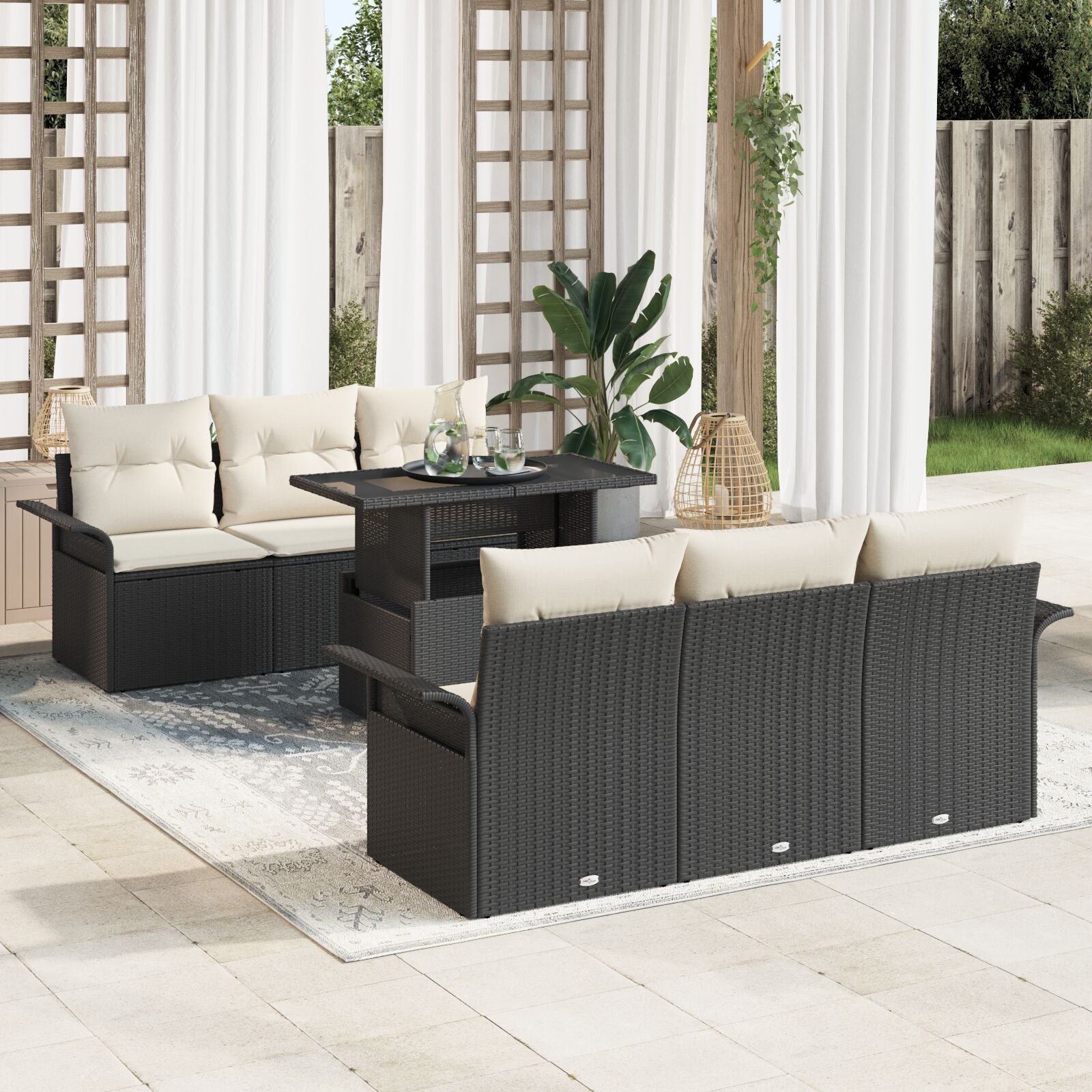 7-Delige Tuin Sofa Set Met Kussens Zwart Poly Rattan