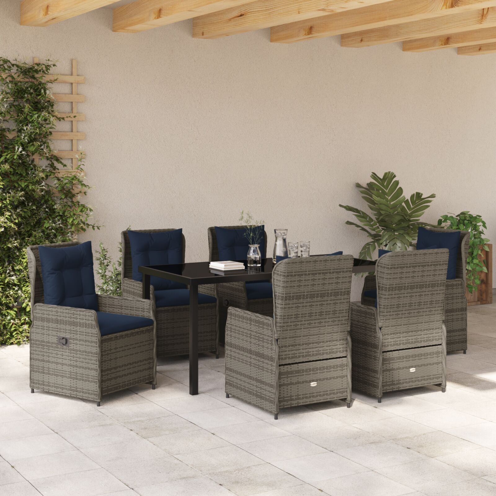 7-Delig Tuin Eettafel Set Grijze Poly Rattan