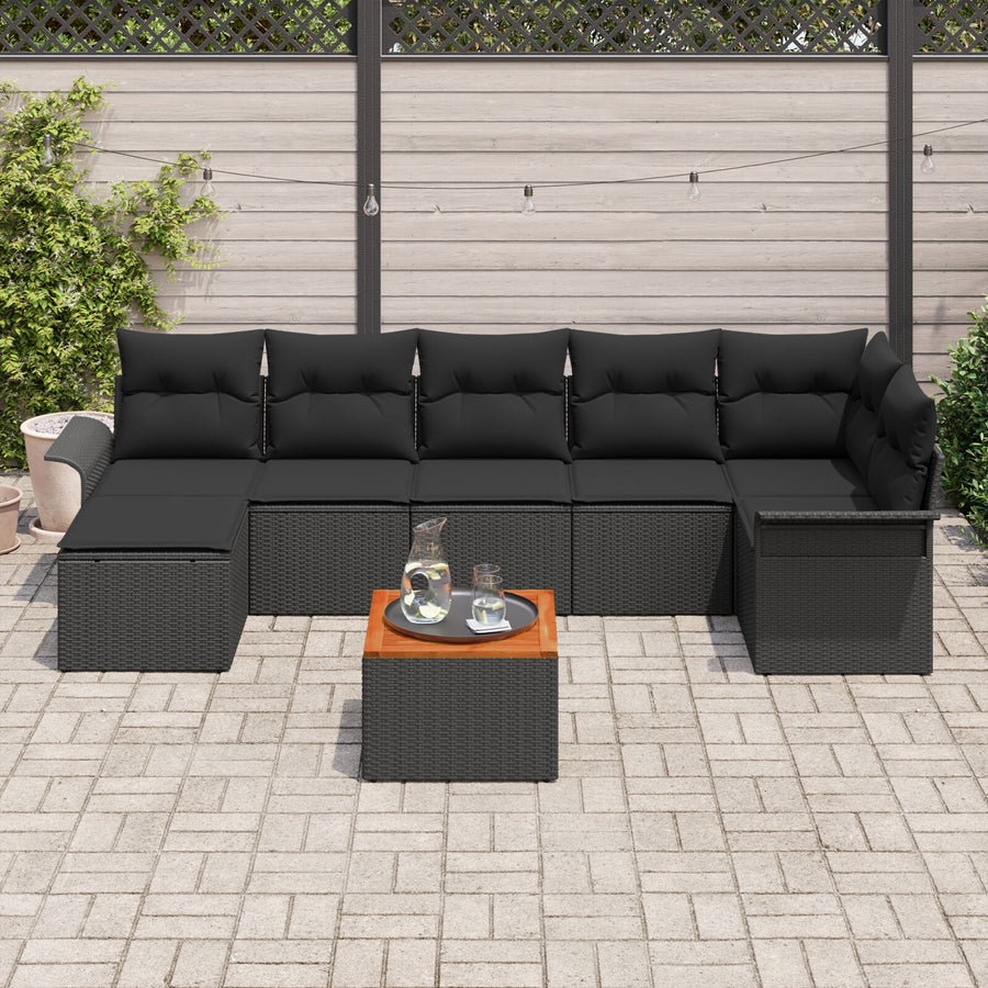 8-Delige Tuinsofa Set Met Kussens Zwart Poly Rattan Acacia