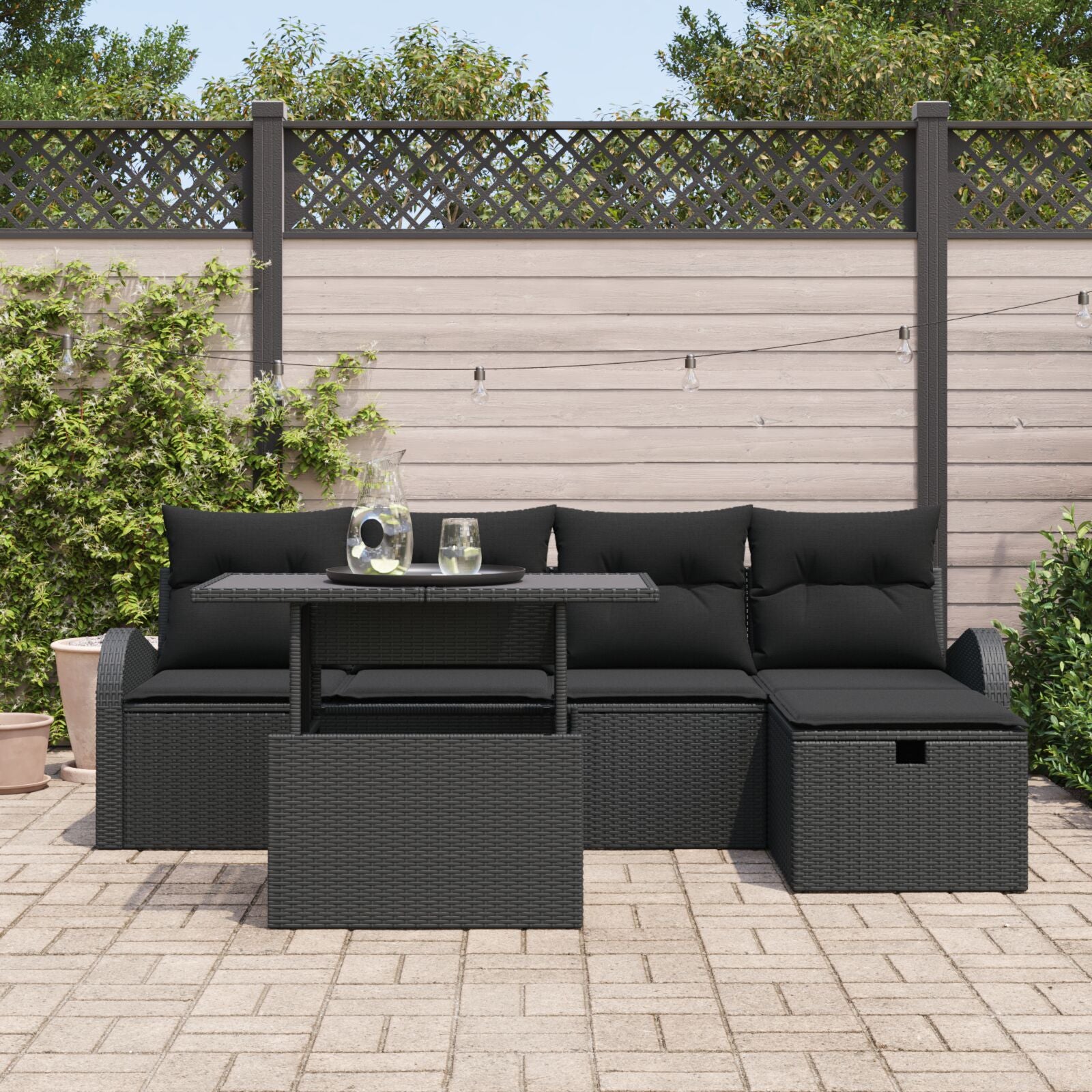 6-Delige Tuinsofa Set Met Kussens Zwart Poly Rattan