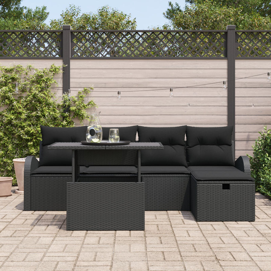 6-Delige Tuinsofa Set Met Kussens Zwart Poly Rattan