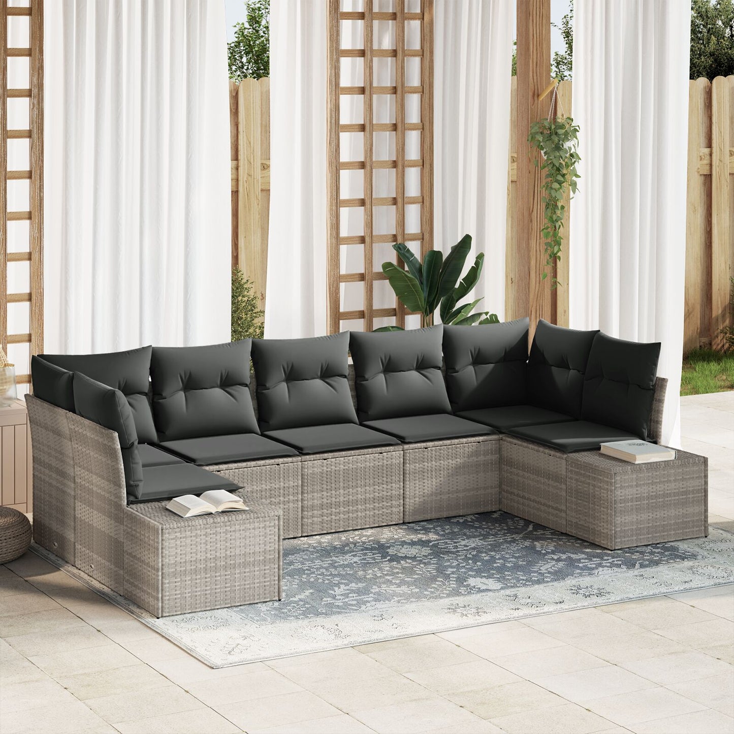 7-Delige Tuinbankset Met Kussens Lichtgrijs Poly Rattan