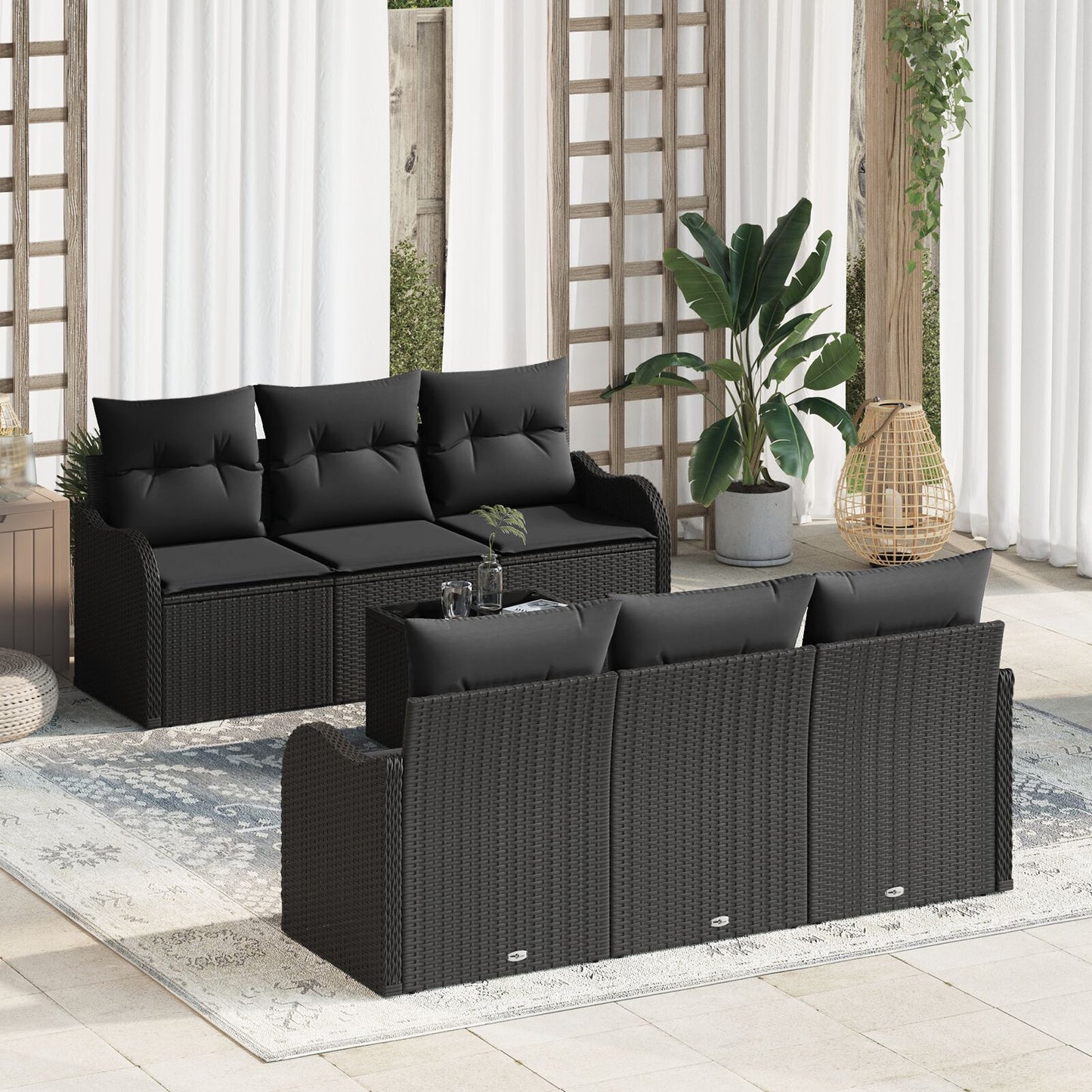 7-Delige Tuin Sofa Set Met Kussens Zwart Poly Rattan