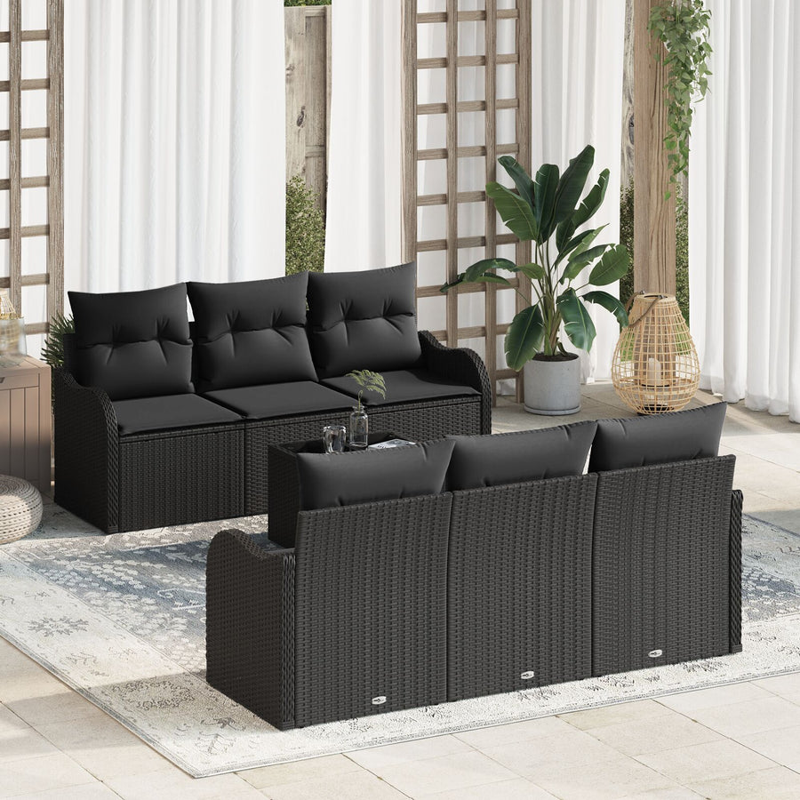 7-Delige Tuin Sofa Set Met Kussens Zwart Poly Rattan