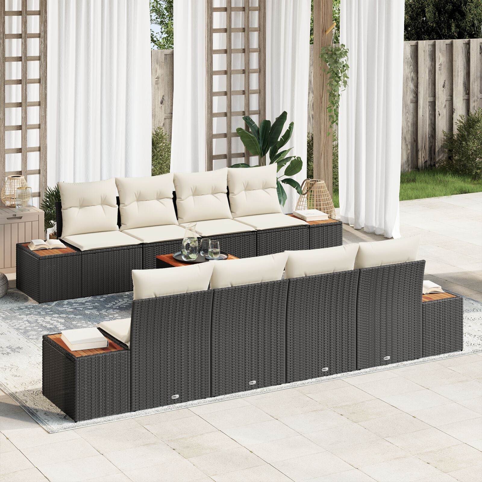 9 Delige Tuin Sofa Set Met Kussens Zwart Poly Rattan Acacia